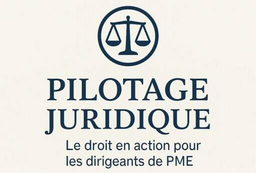 Logo de Pilotage Juridique avec une balance stylisée, nom en majuscules et slogan "Le droit en action pour les dirigeants de PME"